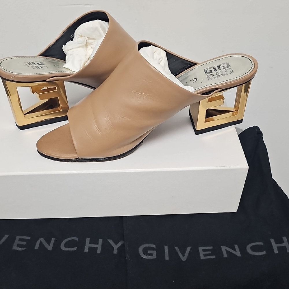 Givenchy Beige Leather Open-Toe Mules with Gold Geometric Heel